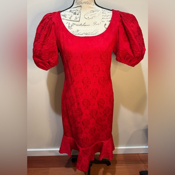 Carolyne Roehm for Neiman Marcus Vintage Dress Sz 8 Red Floral Puff Sleeves - Picture 1 of 13